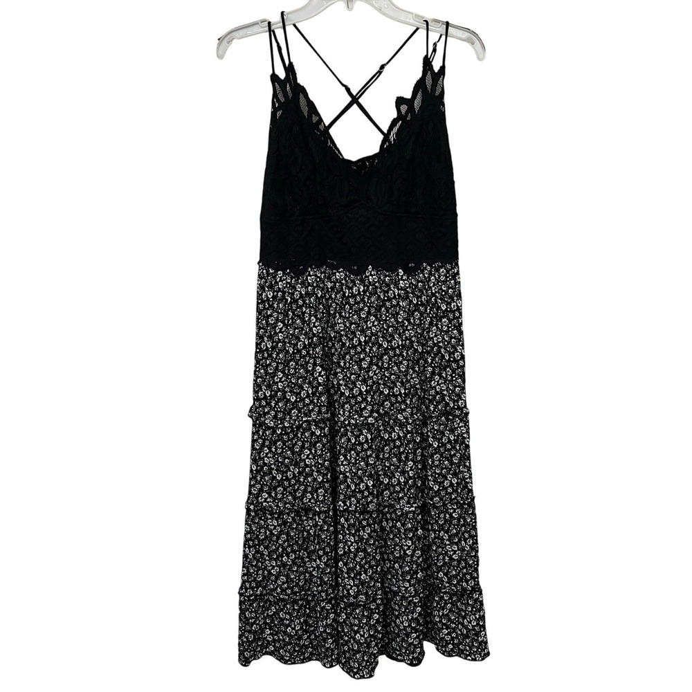 rue+ Womens 2X Black Floral Lace Bodice Tiered Midi Dress Boho Strappy Smocked